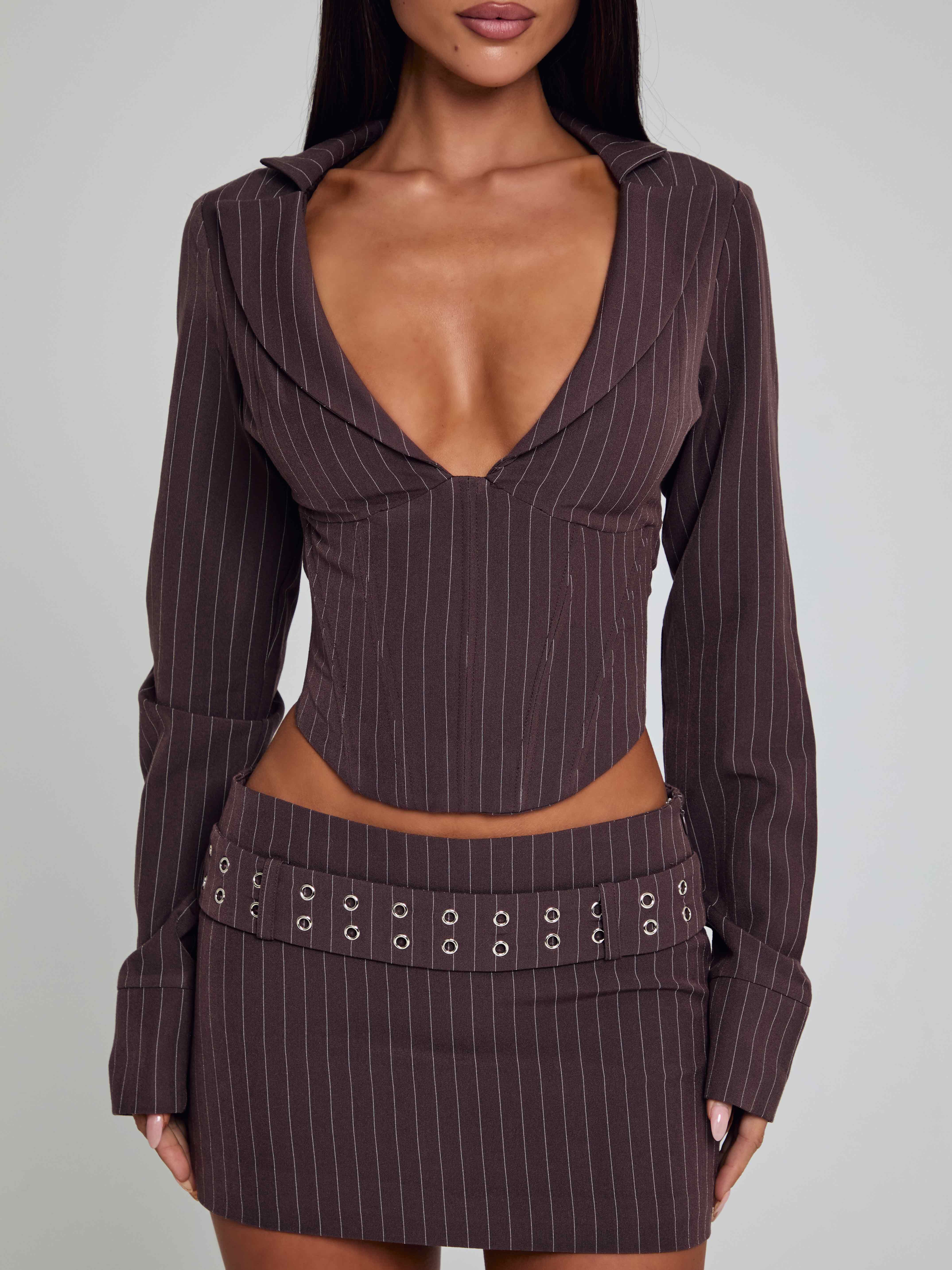 KESSIA MINI SKIRT BROWN PINSTRIPE - Image 5